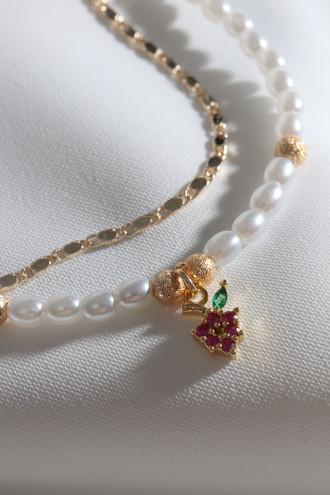 2'Li İnci Ve Gold Renk Zincirli Kırmızı Taşlı Üzüm Uçlu Bileklik