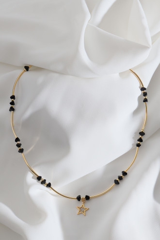 Yıldız Uçlu Siyah Boncuk Boru Detay Gold Renk Kolye
