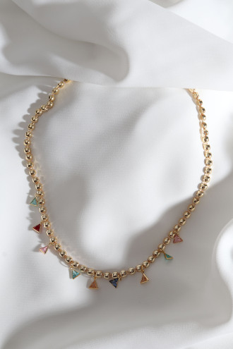 Renkli Üçgen Taş Sallantılı Gold Renk Kolye