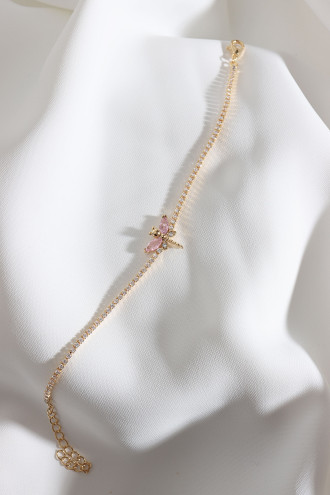 Pembe Taşlı Yusufçuk Figürlü Zircon Taş Gold Renk Suyolu Bileklik