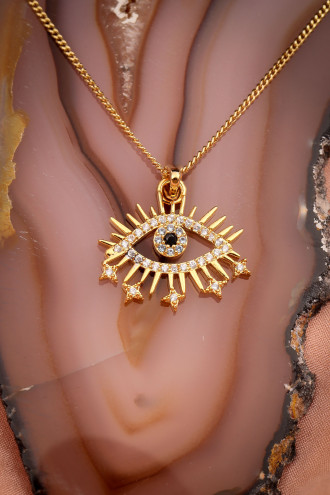 Gold Renk Zircon Taşlı Göz Kolye