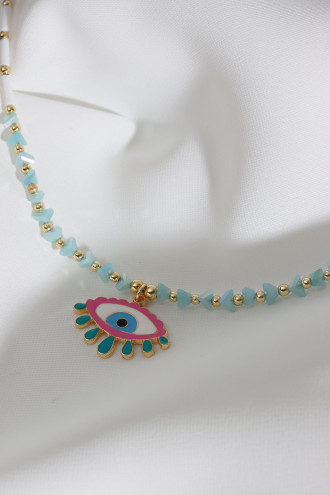 Renkli Mineli Göz Uçlu Beyaz Boncuk Kolye