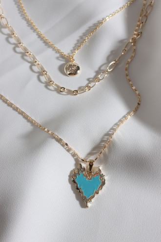 Mavi Mineli 3'Lü Gold Renk Alevli Kalp Zincir Kolye