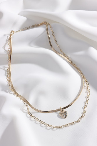 2'Li Ezme Italyan Zincirli Kalp Uçlu Gold Renk Kolye