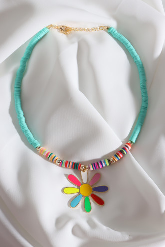 Yeşil Fimo Boncuklu Renkli Mineli Papatya Kolye