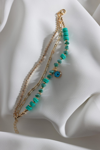 3'Lü Gold Renk Su Yolu Detaylı Koyu Yeşil Boncuklu Nazar Bileklik