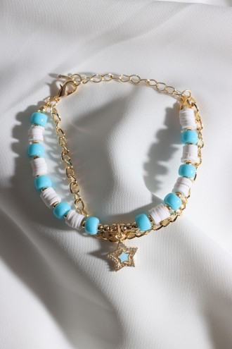 Beyaz Fimo Detaylı Mavi Mineli Yıldız Uçlu Bileklik