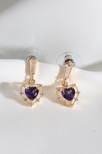 Mor Kalp Taşlı Gold Renk Küpe Mor Kalp Taşlı Gold Renk Küpe