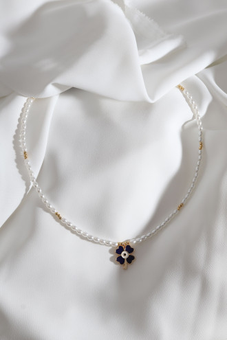 Lacivert Mineli Yonca Figür Inci Kolye