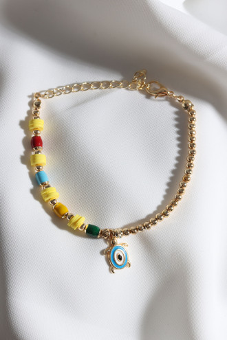 Sarı Fimo Boncuk Detaylı Kaplumbağa Uçlu Top Bileklik