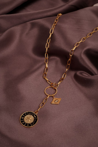 Siyah Mineli Uzun Gold Renk Plaka Kolye