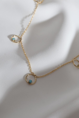 Turkuaz Boncuklu Halkalı Ince Zincirli Gold Renk Kolye
