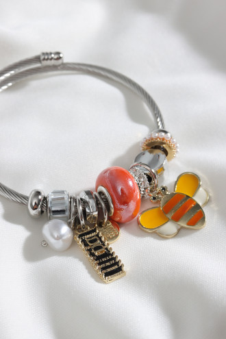 Çelik Model Renkli Arı Figür Gümüş Renk Bileklik