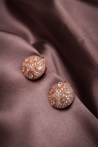 Yuvarlak Zircon Taşlı Gold Abiye Küpe