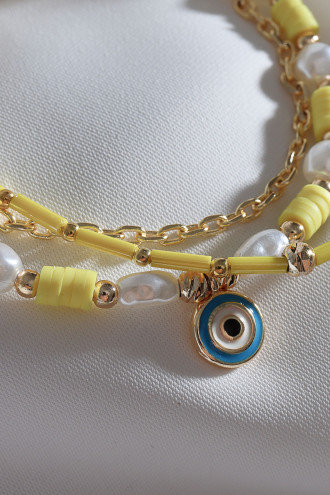 Sarı Fimo Boncuklu İnci Detay 3'Lü Nazar Boncuklu Bileklik