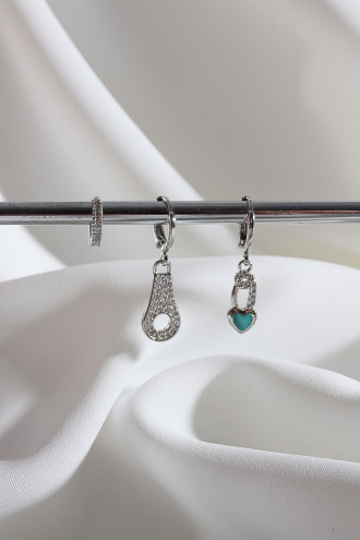 Vip Collectıon 3'Lü Mavi Mineli Gümüş Renk Halka Küpe