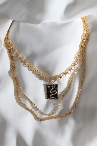 3'Lü Siyah Mineli Yılan Figür Zincir Gold Renk Kolye