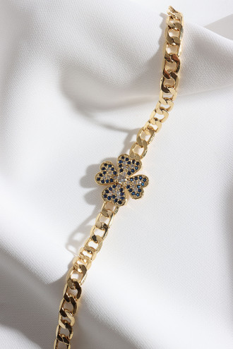 Beyaz-Lacivert Zircon Taşlı Gold Renk Yonca Zincir Bileklik