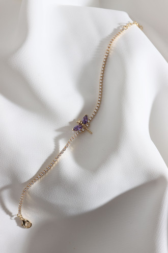 Mor Taşlı Yusufçuk Figürlü Zircon Taş Gold Renk Suyolu Bileklik