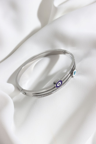 Sıra Taşlı Ve Nazar Mineli Gümüş Renk Çelik Kelepçe Bileklik Sıra Taşlı Ve Nazar Mineli Gümüş Renk Çelik Kelepçe Bileklik