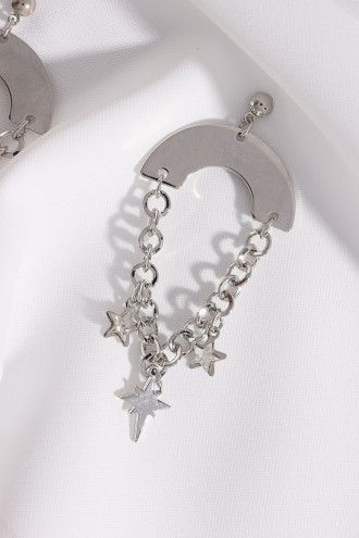 Zincirli Yıldız Sallantılı Gümüş Renk Küpe