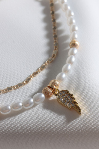 2'Li İnci Ve Gold Renk Zincirli Melek Kanadı Uçlu Bileklik