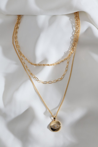 3'Lü Göz Figürlü Gold Renk Zincir Kolye