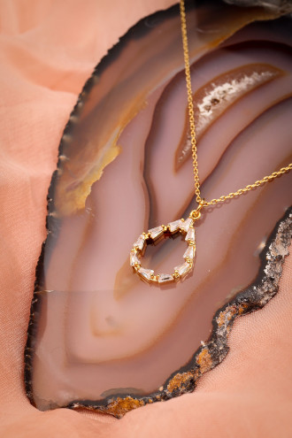 Oval Baget Taşlı Gold Renk Kolye