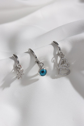 3'Lü Kalpli Gümüş Renk Küpe