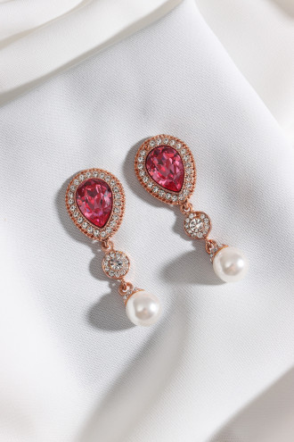 İnci Detaylı Pembe Taşlı Rose Abiye Küpe İnci Detaylı Pembe Taşlı Rose Abiye Küpe