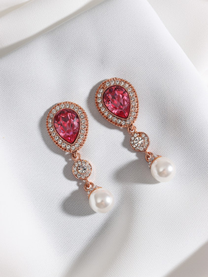 İnci Detaylı Pembe Taşlı Rose Abiye Küpe İnci Detaylı Pembe Taşlı Rose Abiye Küpe
