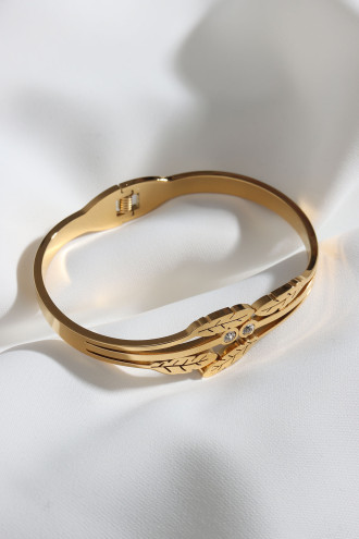 Yaprak Figürlü Gold Renk Çelik Kelepçe Bilezik