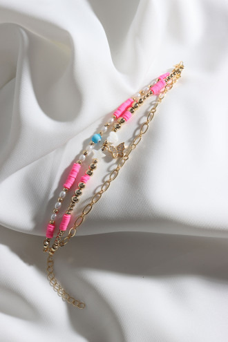 3Lü Kelebek Uçlu Pembe Renk Fimo Boncuklu Bileklik