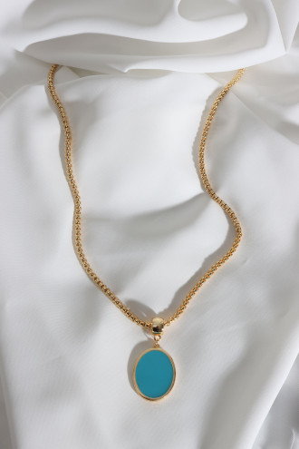 Gold Renk Uzun Zincirli Mavi Mineli Plaka Kolye