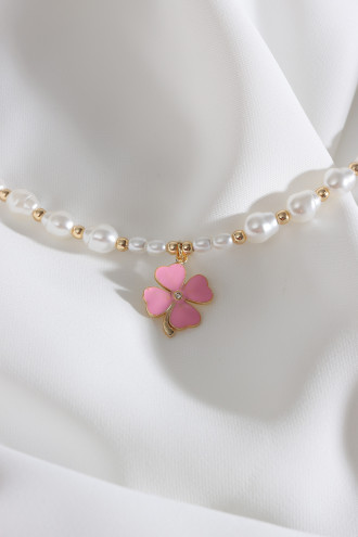 Pembe Mineli Yonca Uçlu İnci Kolye