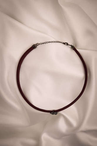 Bordo Yumuşak Deri Antrasit Renk Zircon Taşlı Choker