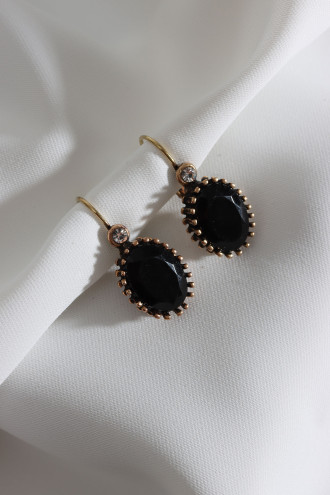 Büyük Boy Siyah Taşlı Oval Otantik Küpe