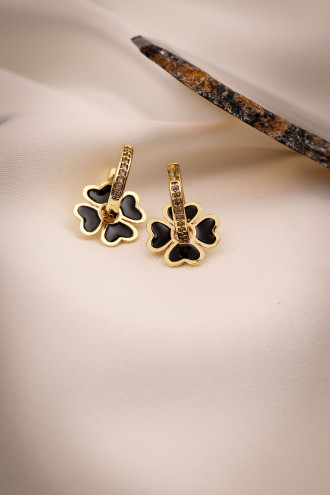 Siyah Mineli Çiçek Charmlı Gold Renk Halka Küpe
