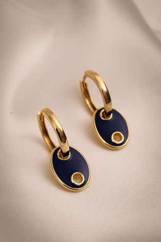 Düğme Model Lacivert Mineli Gold Renk Halka Küpe