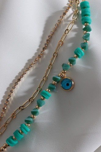 3'Lü Gold Renk Su Yolu Detaylı Koyu Yeşil Boncuklu Nazar Bileklik