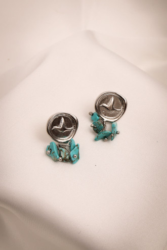 Mavi Doğal Taş Sallantılı Kuş Figürlü Gümüş Renk Küpe