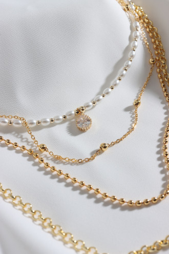 4'Lü Inci Tek Taş Gold Renk Kolye