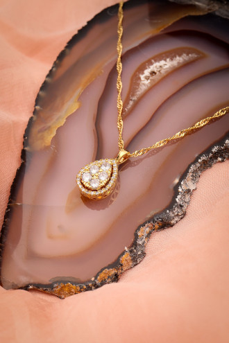 Zircon Taşlı Damla Model Gold Renk Kolye