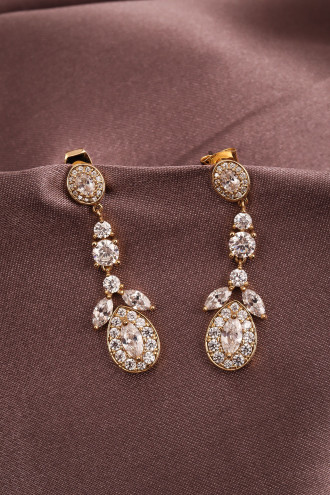 Zircon Taşlı Sallantılı Gold Renk Abiye Küpe