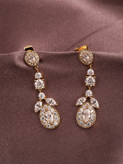 Zircon Taşlı Sallantılı Gold Renk Abiye Küpe