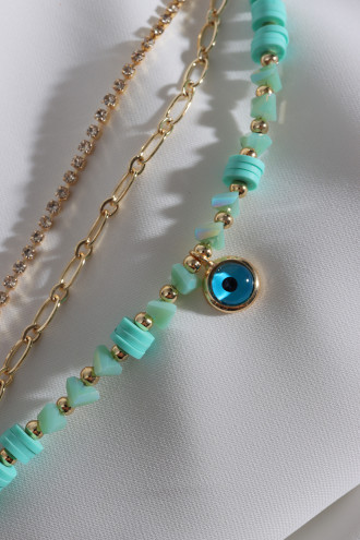 3'Lü Gold Renk Su Yolu Detaylı Yeşil Boncuklu Nazar Bileklik