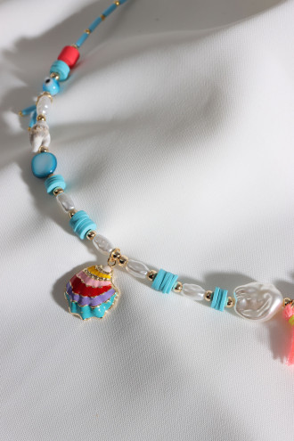 Mavi Renkli İnci Detay Deniz Kabuğu Uçlu Boncuk Kolye