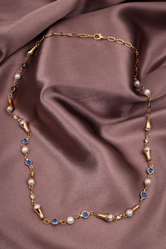 Küçük Mavi Taş Detaylı Incili Kolye