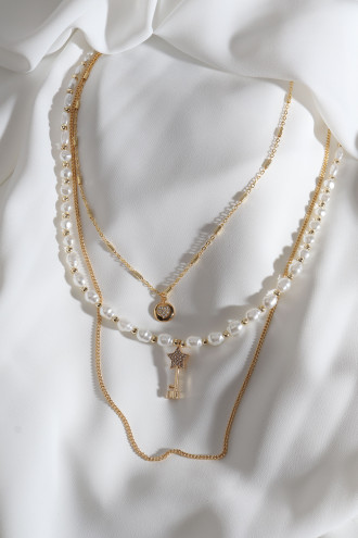 3'Lü Inci Detay Yıldız Uçlu Gold Renk Zincir Kolye