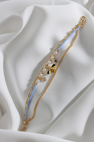 3'Lü Lila Boncuklu Arı Figür Gold Renk Zincir Bileklik